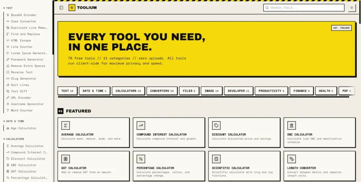 Toolium – 100+ Free Online Tools for Everyday Tasks — web app project by ByteLeaps